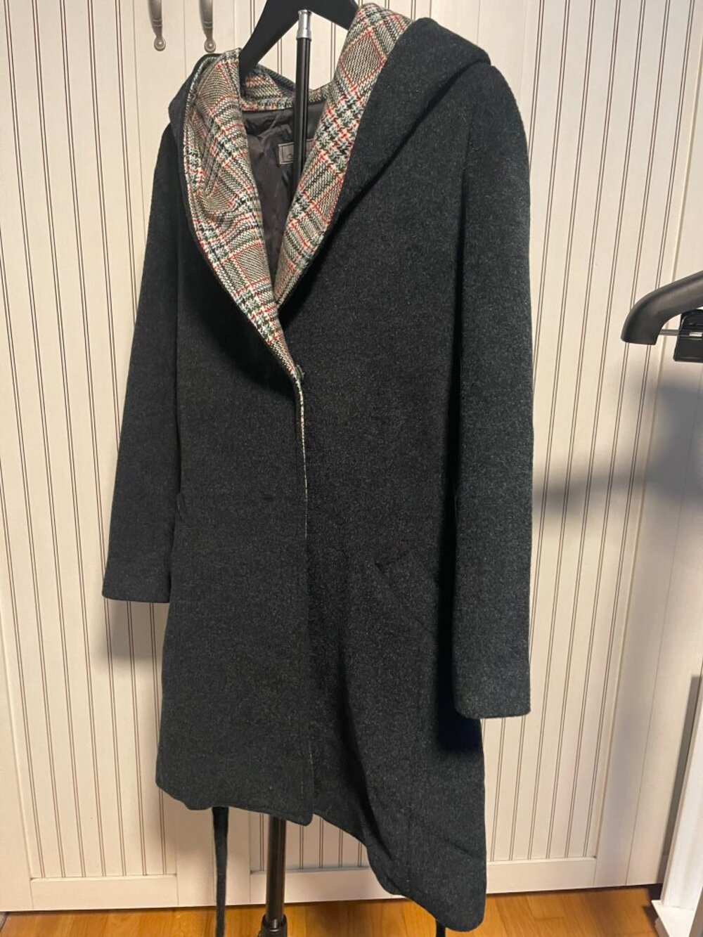 Ipxim Charcoal Gray Hooded Belted Wool Blend Coat Plaid Trim Women's XS (44)